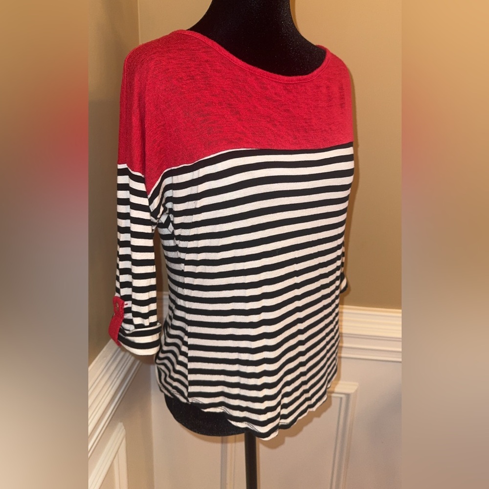 Red with Black/white stripes Mauve Brand 3/4 Sleeve Top, 95%Rayon, 5% Spandex